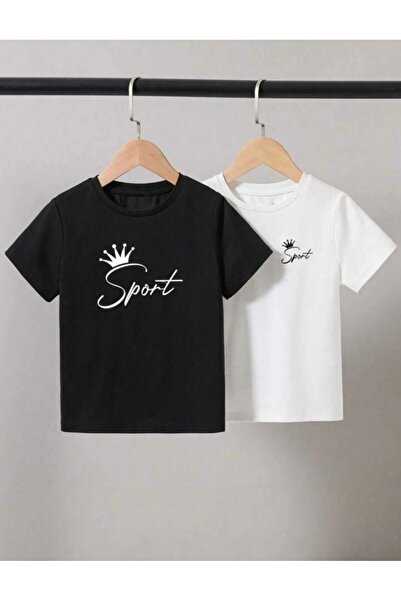 EYAX MODA Pachet de 2 tricouri alb-negru cu imprimeu pentru băieți/fete