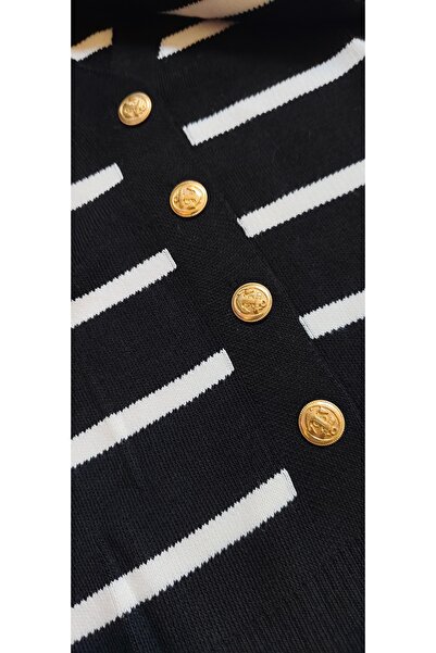 Mars Çizgiili V Yaka Gold Düğme Detaylı MSD Oversize Hırka