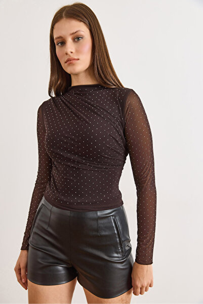 Olalook Women's Bitter Brown Sequined Drape Detailed Lined Stylish Tulle Blou...