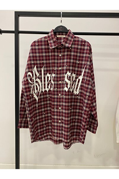 Hatun Atila Women's Summer Printed Stone Detailed Plaid Shirt 12121