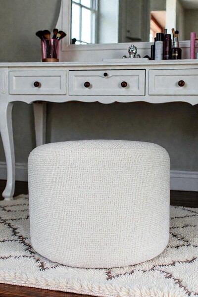 VISIONARIO Yuvarlak Puf - MOON Bukle Şönil Kumaş - Modern Dekoratif Şık ve Ko...