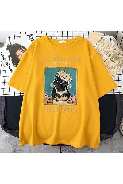 EYAX MODA Aşçı Kedi Grafik Baskılı Siyah Oversize Tshirt