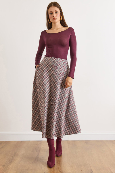 Olalook Women's Gray Zippered Plaid Maxi Bell Skirt Etk-19000378