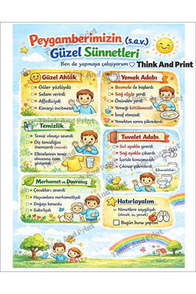 Think And Print Ramazan Ayı Peygamber Sünnetleri Duvar Çizelgesi Çocuklar İçi...