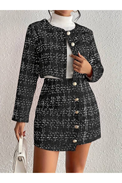 SEVENLINE Women's Long Sleeve Gold Buttoned Chanel Fabric Jacket and Skirt Set