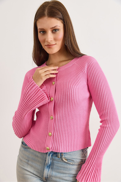 Olalook Women's Pink Gold Buttoned Spanish Sleeve F Corded Fabric Cardigan Hr...