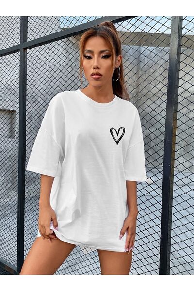 EYAX MODA Tricou oversize imprimat cu inimă mică de damă