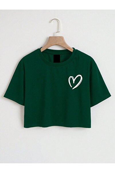 EYAX MODA Tricou crop cu imprimeu inimă pentru femei EYAXD Sportwear Company