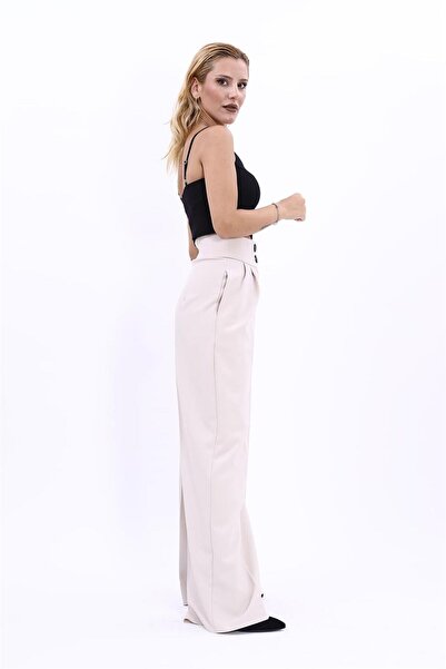 ÖNDER ÖZSOY بنطلون نسائي باليزو ذو خصر عالٍ للغاية - بيج