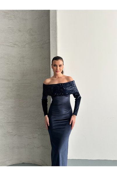 MODA Women's Madonna Collar Sequin Detail Stylish Evening Dress