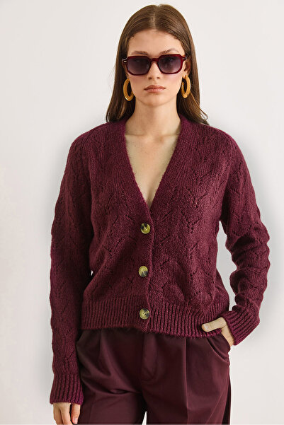 Olalook Women's Purple Lace-Like Knit Soft Textured Knitwear Cardigan Hrk-190...