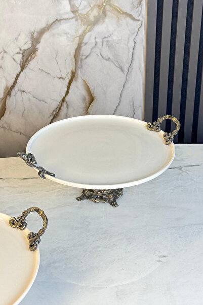 MAY HOME Antique Porcelain Serving Plate with Feet and Handle (27 cm)