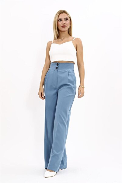 ÖNDER ÖZSOY Ultra Yüksek Bel Pileli Palazzo Kadın Pantolon-Deniz