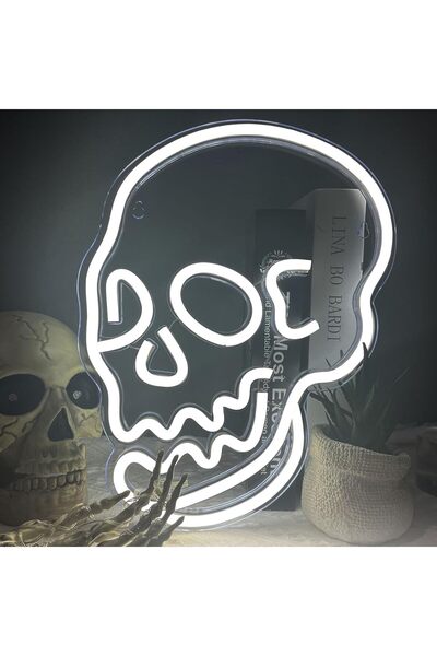 Slasa لوحة نيون على شكل جمجمة - 24×33 سم، إضاءة LED بيضاء، قابلة للتعتيم، ديك...