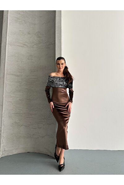 MODA Women's Madonna Collar Sequin Detail Stylish Evening Dress