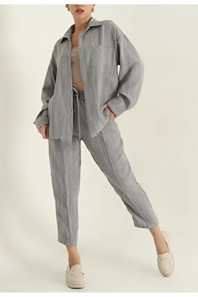 zem moda 🤍💚 Keten Rahat Kesim Kadın Takım (Gri – Haki)