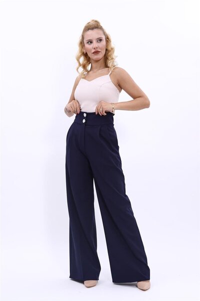 ÖNDER ÖZSOY بنطلون نسائي بخصر عالٍ جدًا وطيات - أزرق داكن