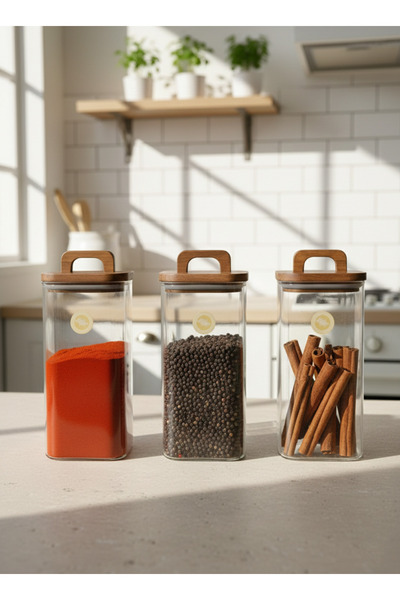 Kitchen Way Acacia Gasket Lid 3-Piece Borosilicate 1750ml Square Jar Set Kw-778