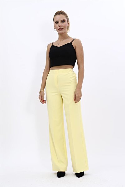ÖNDER ÖZSOY بنطلون نسائي مريح واسع الساقين بخصر مطاطي - أصفر