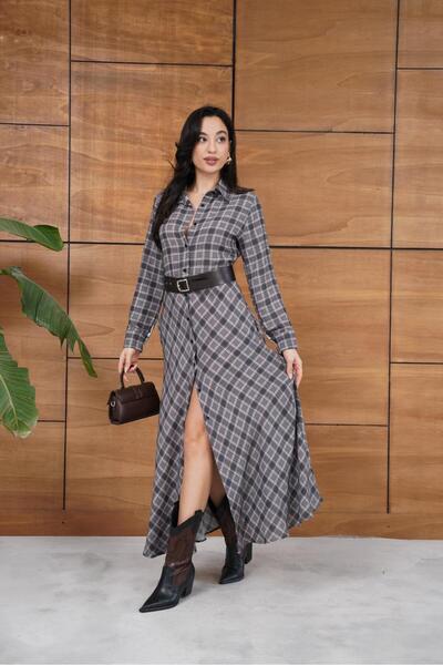 Nazline Women's Plaid Patterned Belted Buttoned Long Dress