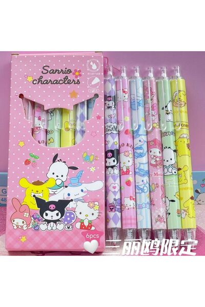 Choice قلم جل أسود من سانريو، 6 قطع، بتصاميم هيلو كيتي، ميلودي، كورومي، سينام...