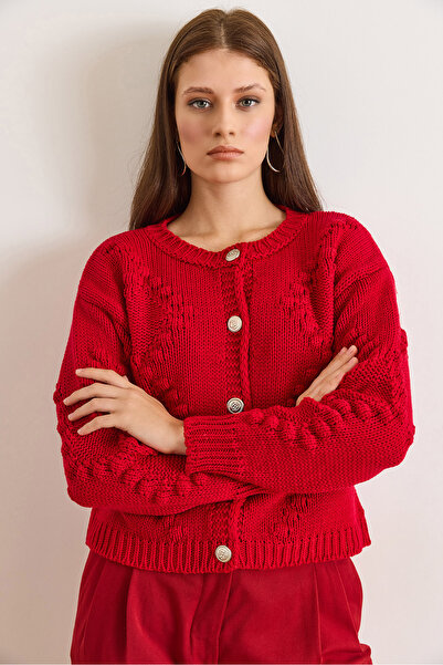 Olalook Women's Red Embossed Knitted Soft Textured Thick Knitwear Cardigan Hr...