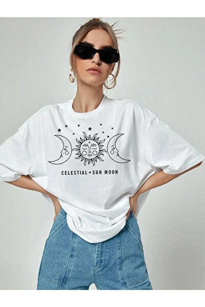 EYAX MODA تيشيرت أسود كبير الحجم مطبوع عليه رسومات القمر