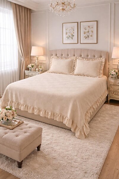 Pedimu Double Ruffle Detailed Pique Set – 3 Pieces |   Cover + 2 Pillowcases