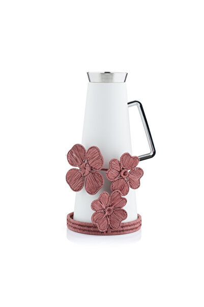 Blends ترمس شاي وقهوة أبيض اللون مع حامل مزين بنقوش زهرية حمراء داكنة من مالاث