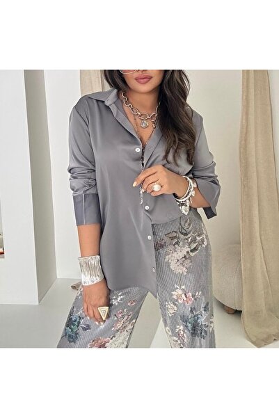 Leila V Yaka Manşetli Saten Gömlek