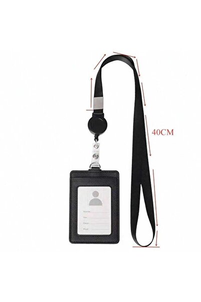 Choice Black PU Leather Slim Minimalist Wallet Card Retractable Neck Strap Bl...