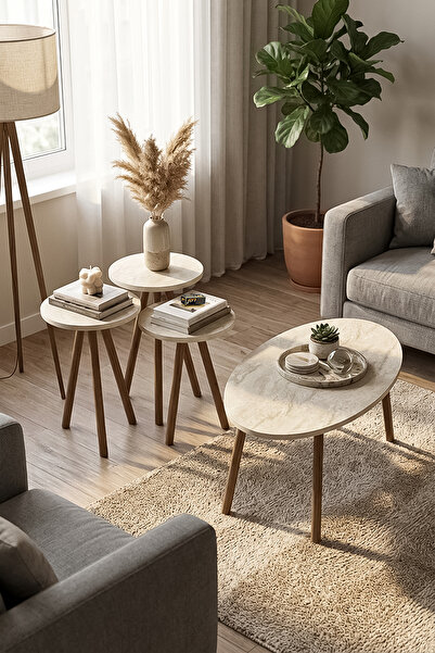 PDMPOİNT DOLAP MARKET Flora 3 lü Zigon Takımı Ve Elips Orta Sehpa - Traverten