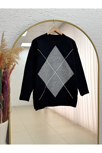 MİHRA STORE Saliha Large Diamond Patterned Knit Sweater-Zi̇7040 Black
