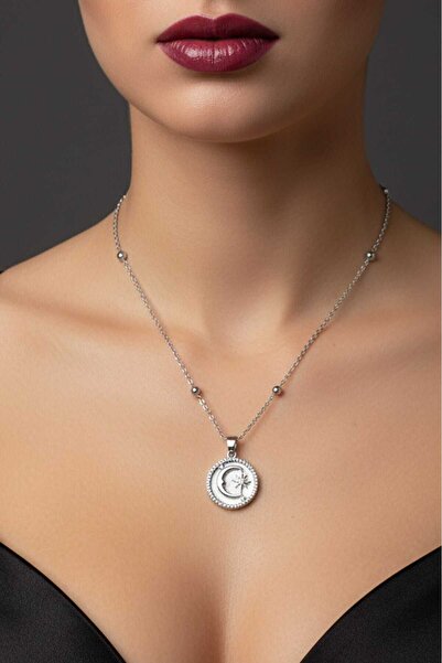 NKIE JEWELS قلادة فضية اللون بطلاء أبيض على شكل نجمة وهلال مع سلسلة كروية من ...