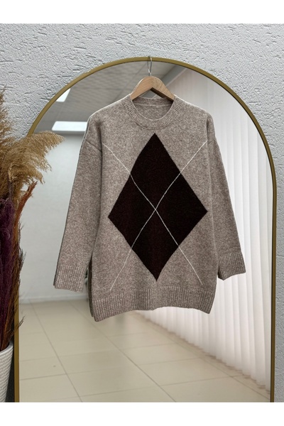 MİHRA STORE Saliha Large Diamond Patterned Knit Sweater-Zi̇7040 Stone