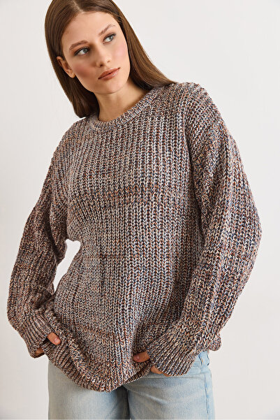 Olalook Women's Blue Crew Neck Fuzzy Casual Knit Sweater Kzk-19001121