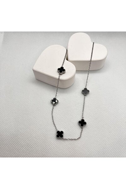 staınless steel Minimal 5 Siyah Yoncalı Çelik Kolye