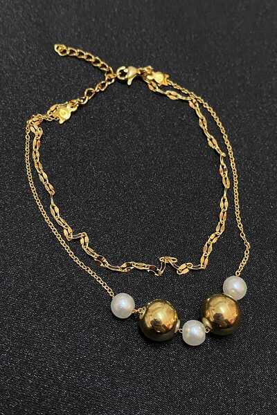 NKIE JEWELS خلخال ذهبي اللون لؤلؤي موديل سنغافورة وسلسلة Sf من الفولاذ - 3292