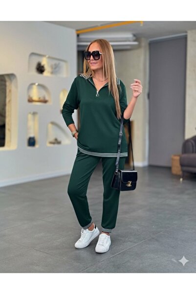 stelol Women's Long Sleeve Zipper Stripe Detail Patterned Top and Bottom Two-...