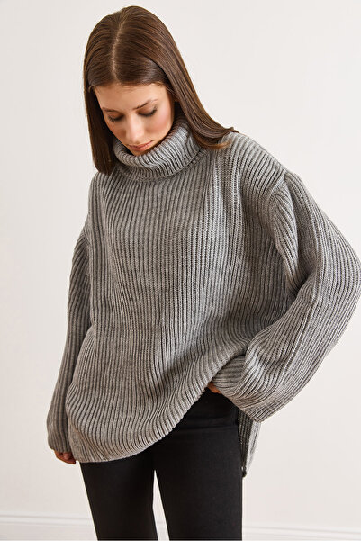 Olalook Women's Gray Degaje Collar Slit Casual Knitwear Sweater Kzk-19001122