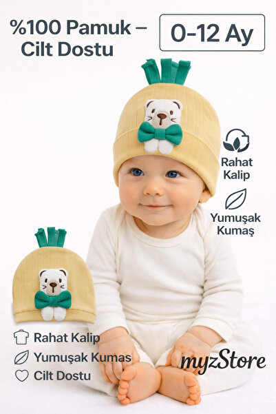 MYZİ STORE 0-12 Months Baby Beanie Hat with Teddy Bear Bow Detail, Soft 100% ...