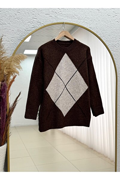 MİHRA STORE Saliha Large Diamond Patterned Knit Sweater-Zi̇7040 Brown