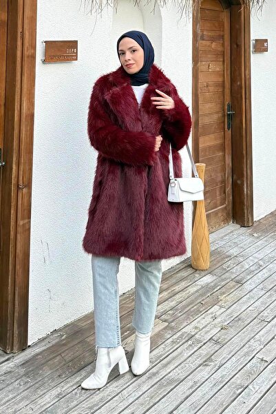 lamelif Uzun Faux Fur Coat Burgundy