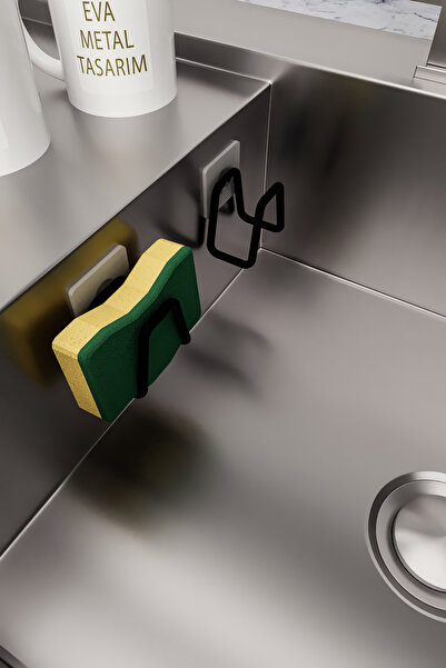 EVA METAL TASARIM Single Stainless Steel Dish Sponge Holder Adhesive Black