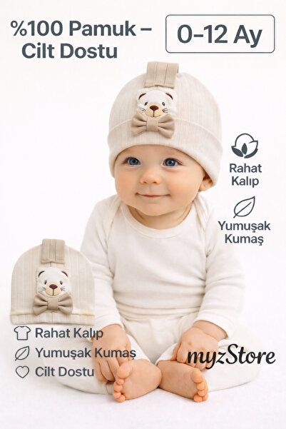 MYZİ STORE 0-12 Ay Oyuncak Ayılı Fiyonk Detaylı Bebek Bere Şapka, Yumuşak %10...