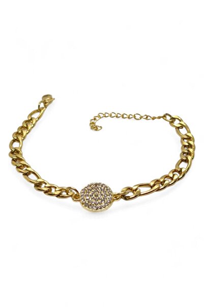 NKIE JEWELS Gold Color Round White Model Şavin Chain Steel Bracelet - 3672