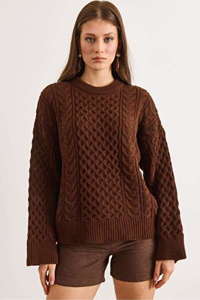 Olalook Women's Brown Hair Braided Loose Fit Knitwear Sweater Kzk-19001119