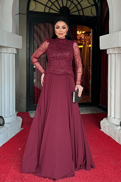 giyimmasalı Top Beaded Detailed Bottom Chiffon Dress - Bordo