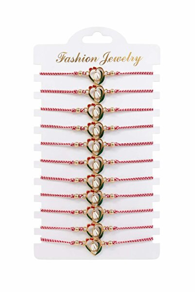 OEM Set de 12 Brățări Mărțișor cu Inimă Aurie și Ghiocel, Sfoară Roșie Reglab...