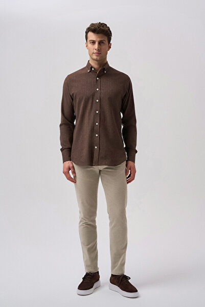 Bisse Studio Erkek Uzun Kollu Pamuk Kahve Cepsiz Gömlek